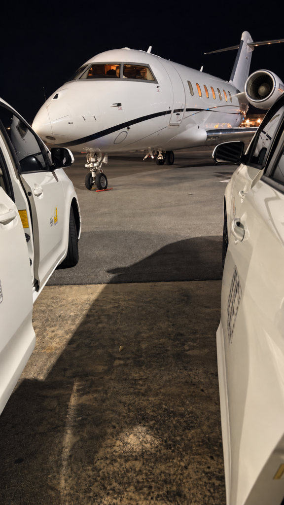 San Juan crew transportation collage showing passenger vans, an FBO taxi, a private jet and cruise crew pickups.
