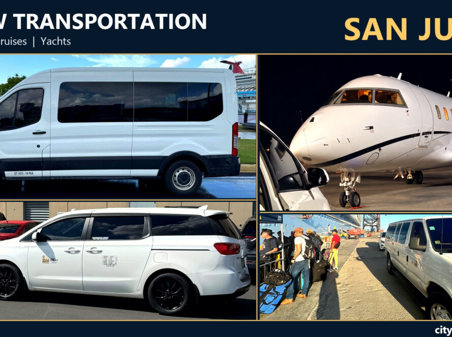 San Juan crew transportation collage showing passenger vans, an FBO taxi, a private jet and cruise crew pickups.