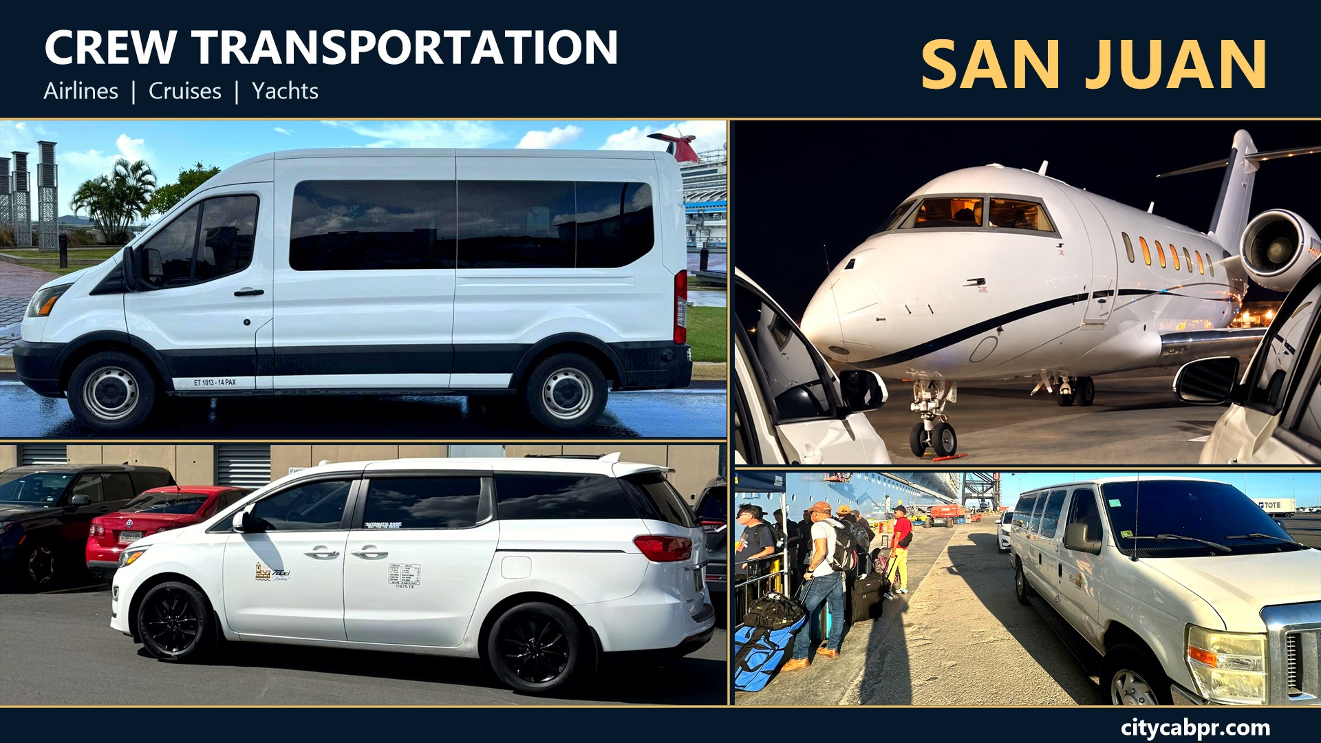 San Juan crew transportation collage showing passenger vans, an FBO taxi, a private jet and cruise crew pickups.
