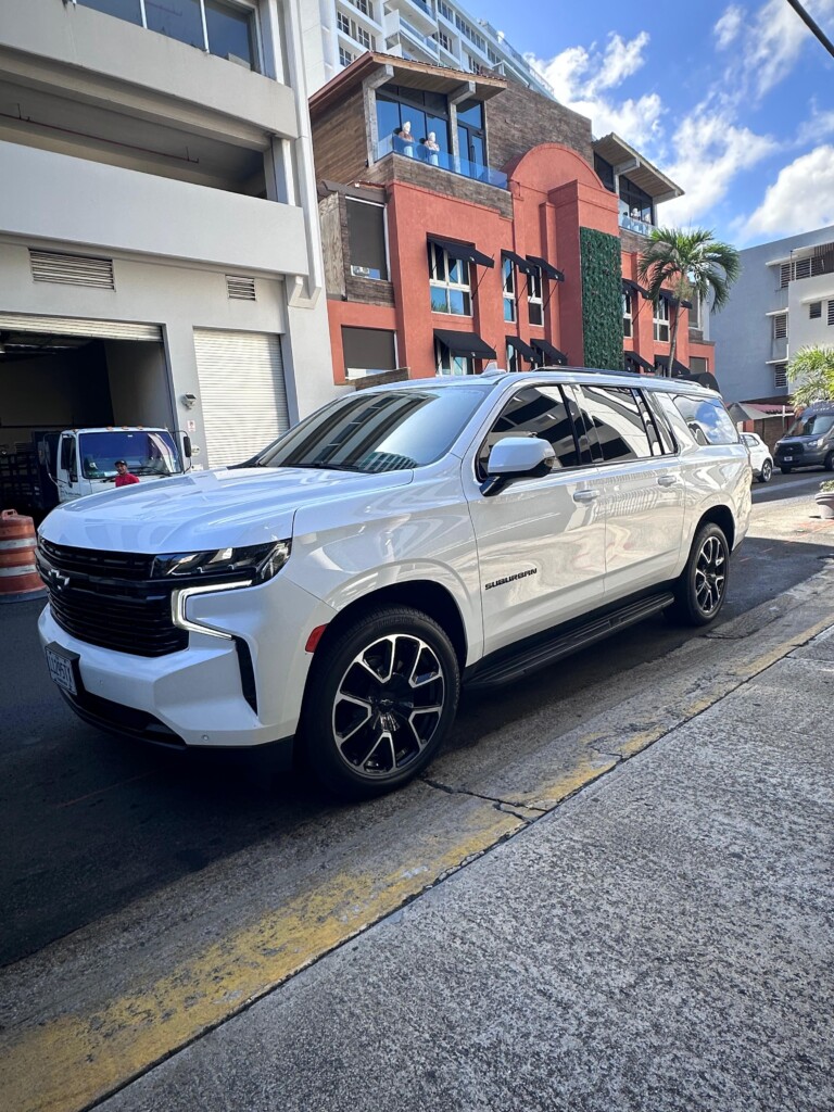 San Juan FBO transportation featuring a luxury SUV and crew taxi beside a private jet, illustrating executive pickups and airport transfers in Puerto Rico.
