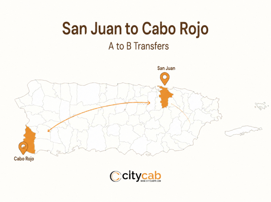 Comfortable taxi from San Juan to Cabo Rojo arriving safely at the beautiful west coast of Puerto Rico