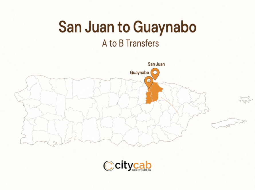 Comfortable taxi from San Juan to Guaynabo arriving safely in the upscale metro municipality
