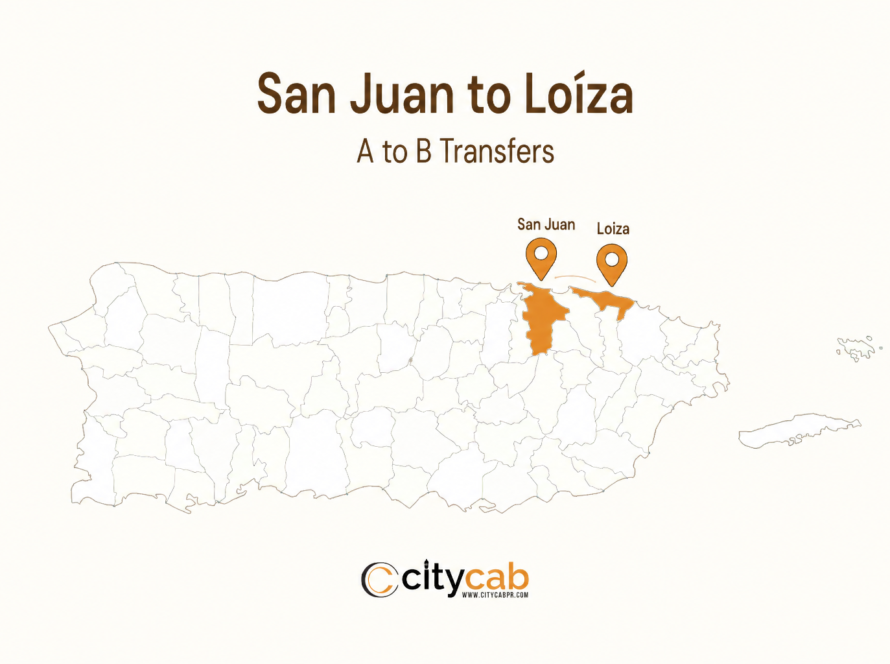 Comfortable taxi from San Juan to Loiza driving towards the vibrant coastal town in Puerto Rico