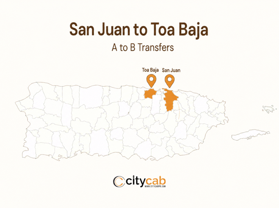 Comfortable taxi from San Juan to Toa Baja arriving safely in the northern coastal region of Puerto Rico