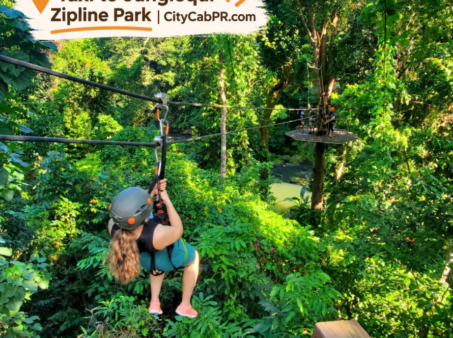 A thrilling zipliner soaring through the rainforest canopy near El Yunque after taking a taxi to Junglequi Zipline Park.