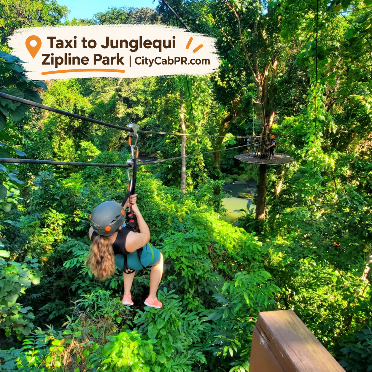 A thrilling zipliner soaring through the rainforest canopy near El Yunque after taking a taxi to Junglequi Zipline Park.